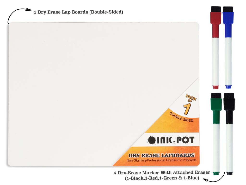 Inkdotpot Doppelseitiges, schlichtes, weißes, trocken abwischbares Zeichenbrett für Kinder und Studenten, 9 x 12 Zoll mit 4 Markern für die Heimschule (1 Stück