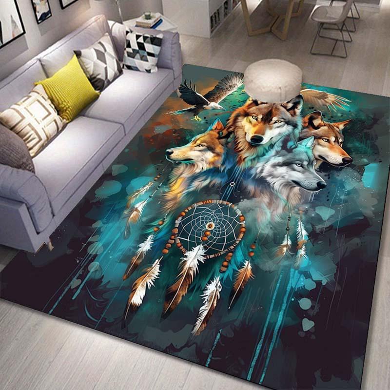 Dreamcatcher Wolves Rug - Native American Spirit Animal Art, Boho Chic Living Room Decor Anti slip carpet can be machine washed