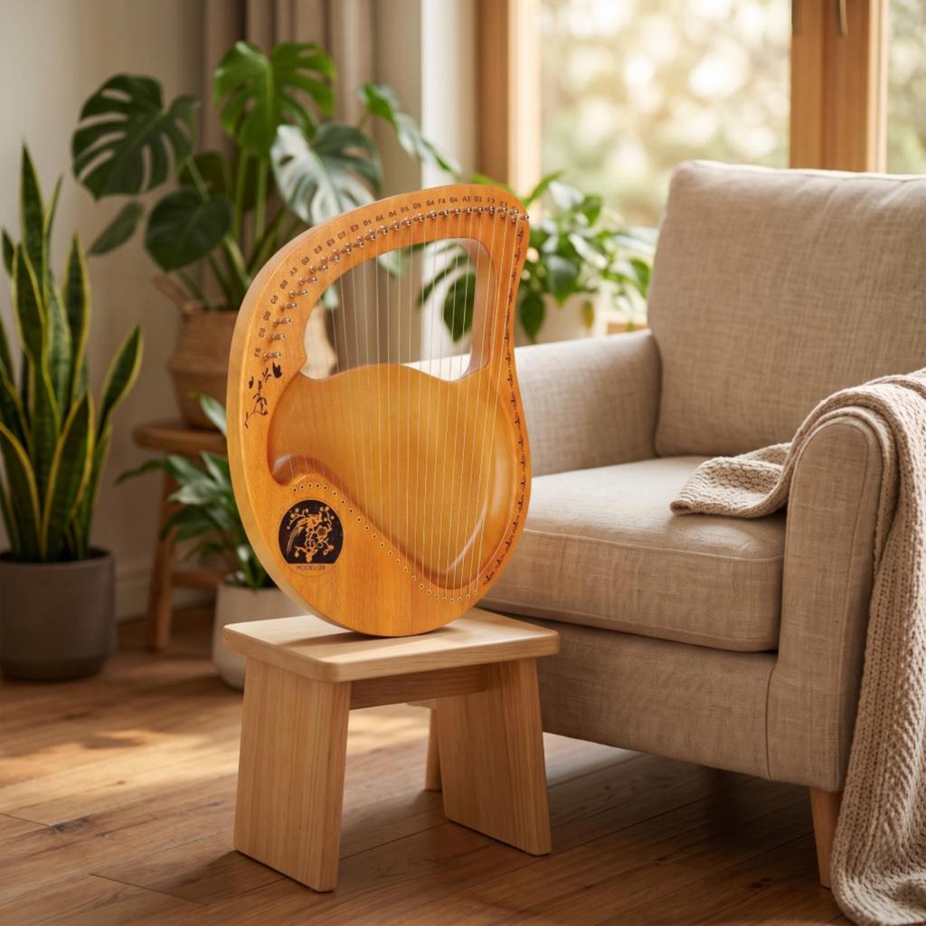 24-String Lyre Harp Natural Wood Board Metal Strings for Home Practice