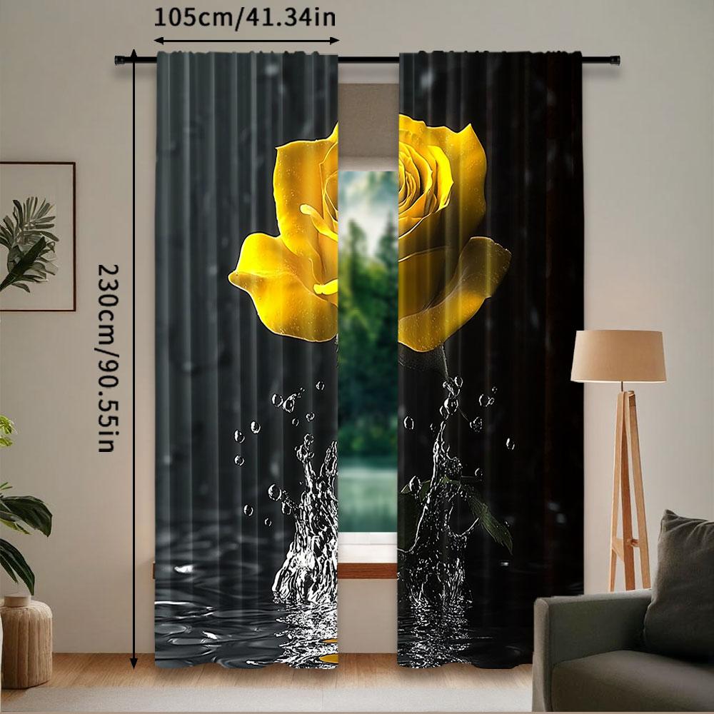 2Pcs Floral Curtain Yellow Roses In Water Black Curtain Modern Flowers Floral For Bedroom Living Room And Dining Room B