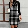European and American Popular Autumn and Winter New Simple V-neck Black and White Plaid Skirt with Turtleneck Top