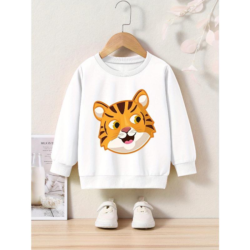 Cartoon Tiger Print Crew Neck Sweatshirt - Casual Active Pullover for Kids - Regular Fit, Applique Detail, Slight Stretch Fabric