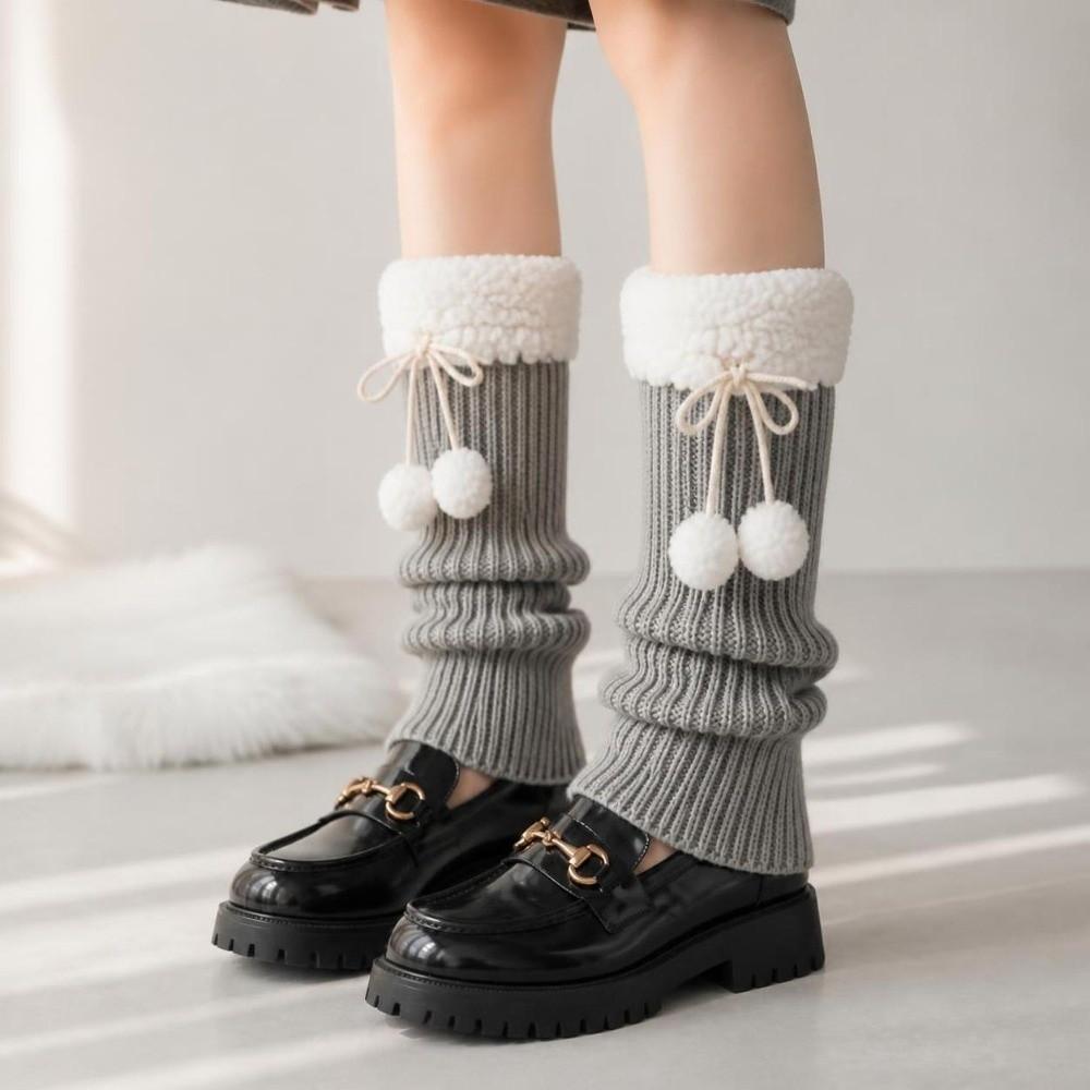 1pair Solid Color Knitted Leg Warmers Warm Winter Foot Cover Cute Mid-Calf Length Socks Girl
