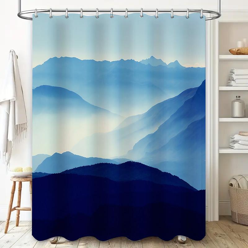 Blue Mountain View Shower Curtain Gradient Colors Decorate Bathroom Waterproof Mildew Resistant Suitable For Wet &Dry Separation