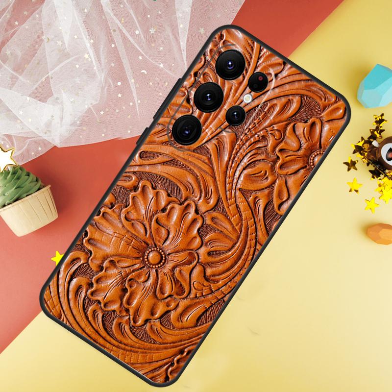 Brown Hand Tooled Western Phone Case For Samsung Galaxy S25 Ultra S23 S21 S20 S22 S24 FE S9 S10 Plus Cover Coque