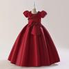 Satin Bow Party Girls Dress Elegant Short Sleeve Pink Bridemaids Princess Kids Dress for Girl Evening Birthday Prom Gown Vestido