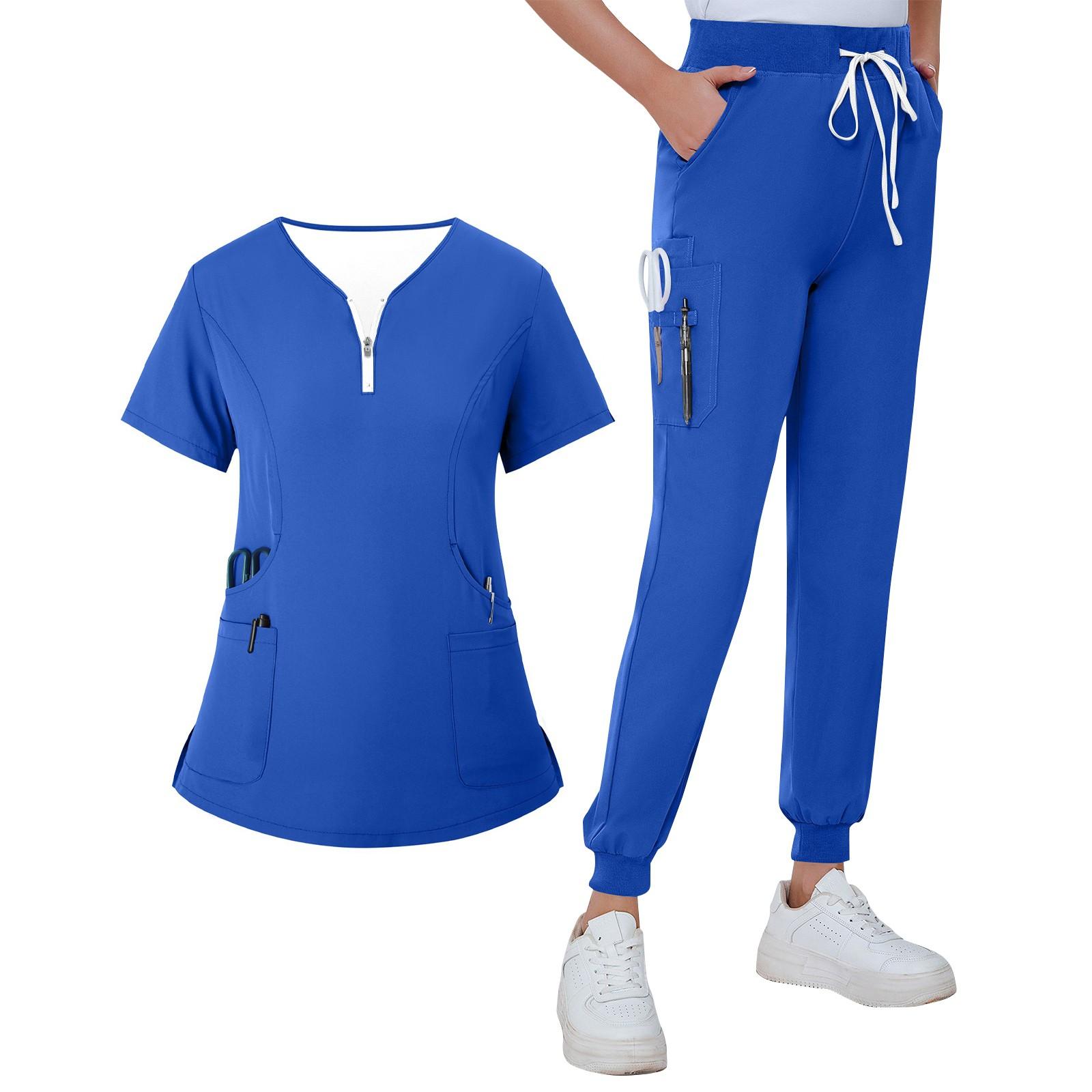 

Women s Summer V-neck Zippered Loose Uniform With Pockets And Short Sleeves M синий