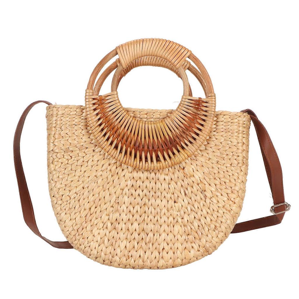 Korgväska för kvinnor, retrostil, liten axelväska i handvävd halvcirkelformad halm, clutch för stranden och resor