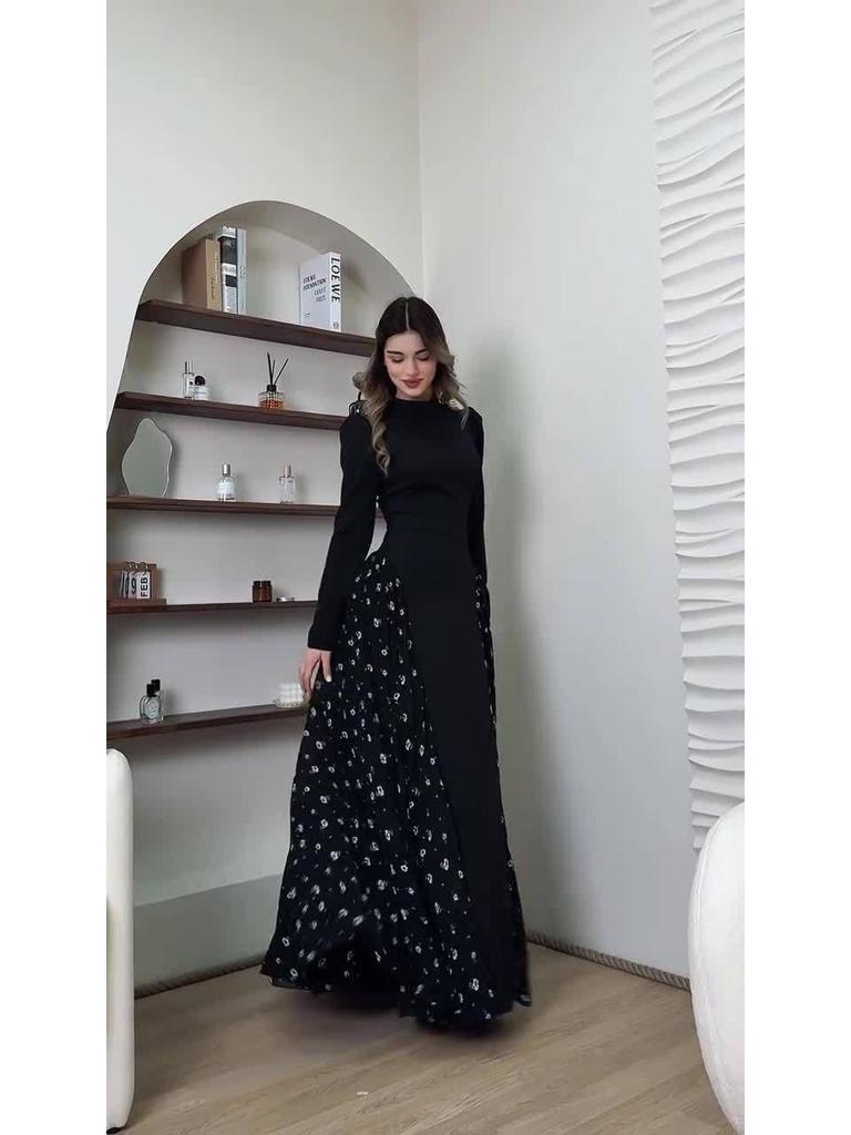 2025 Spring Long-Sleeved Floral Print Dress - European and American Style, Round Neck, Long Skirt
