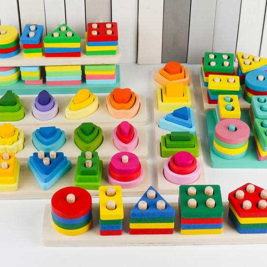 Kids Stacking Building Block Toy Toddlers Boys Girls Geometric Shapes Sorting Color Learning Fine Motor Skills Educational Building Block Toy