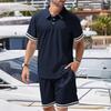 Mens Casual Polo Shirt and Shorts Set Stripe Trim Two Piece Outfit