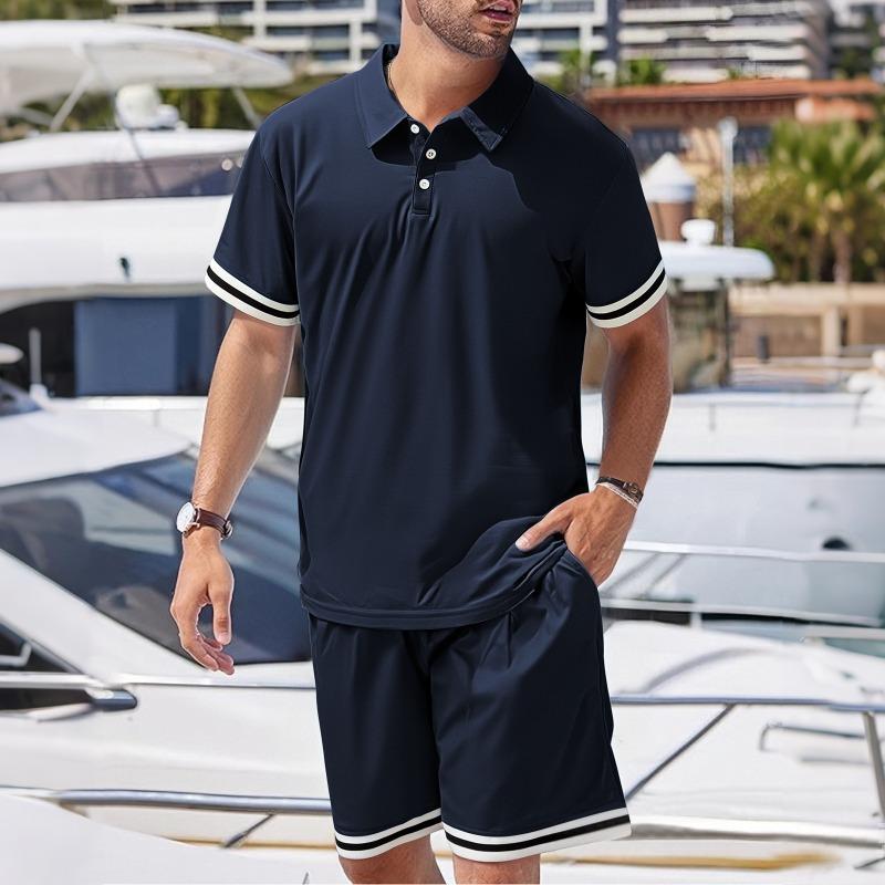 

Mens Casual Polo Shirt and Shorts Set Stripe Trim Two Piece Outfit S темно-синий