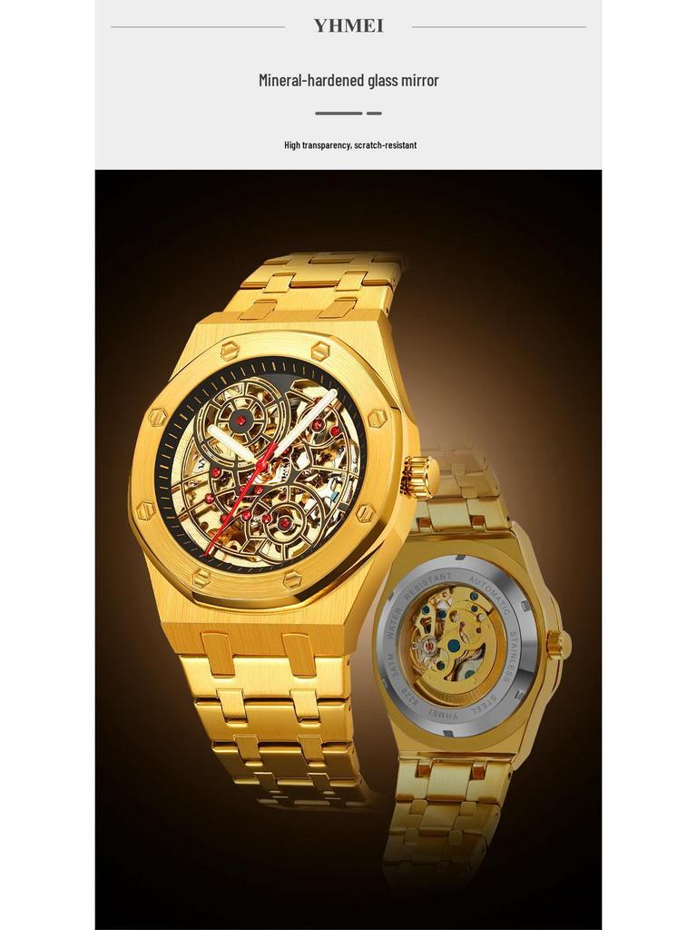 Men's Luxury Stainless Steel Skeleton Mechanical Watch with Large Dial, Fully Automatic Design