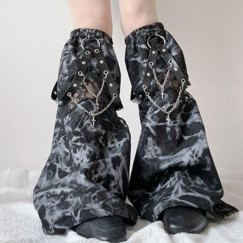 Damen Subkulturen Punk Netz-Spleißung Tie-Dye Beinwärmer Ösen PU-Riemen Kette Ausgestellte Baggy Fußabdeckungen Lange Socken