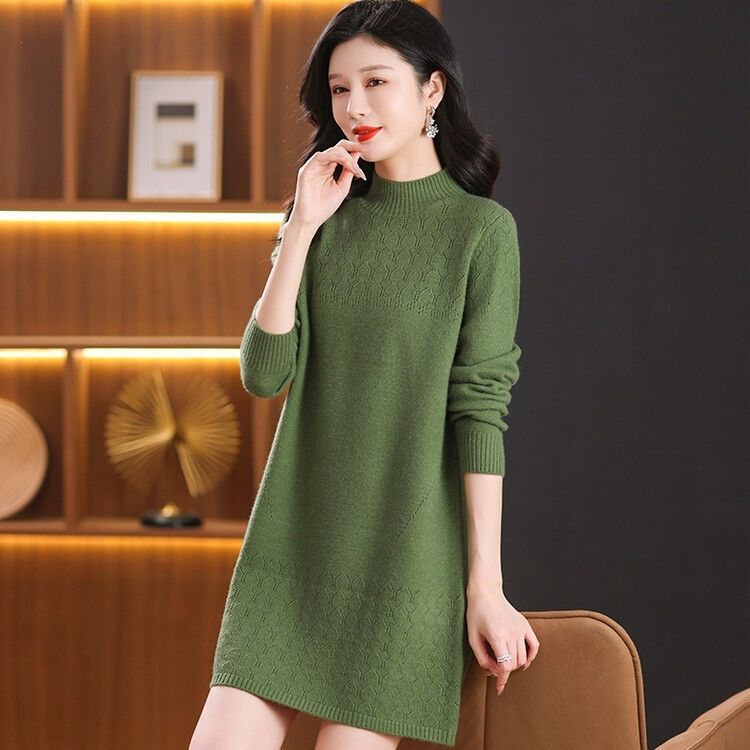 Half Turtleneck Knitted Sweater Solid Color Casual Sweater Dress for Women Mid-length Pullover for Women Sweater Autumn and Winter Inner Knitwear