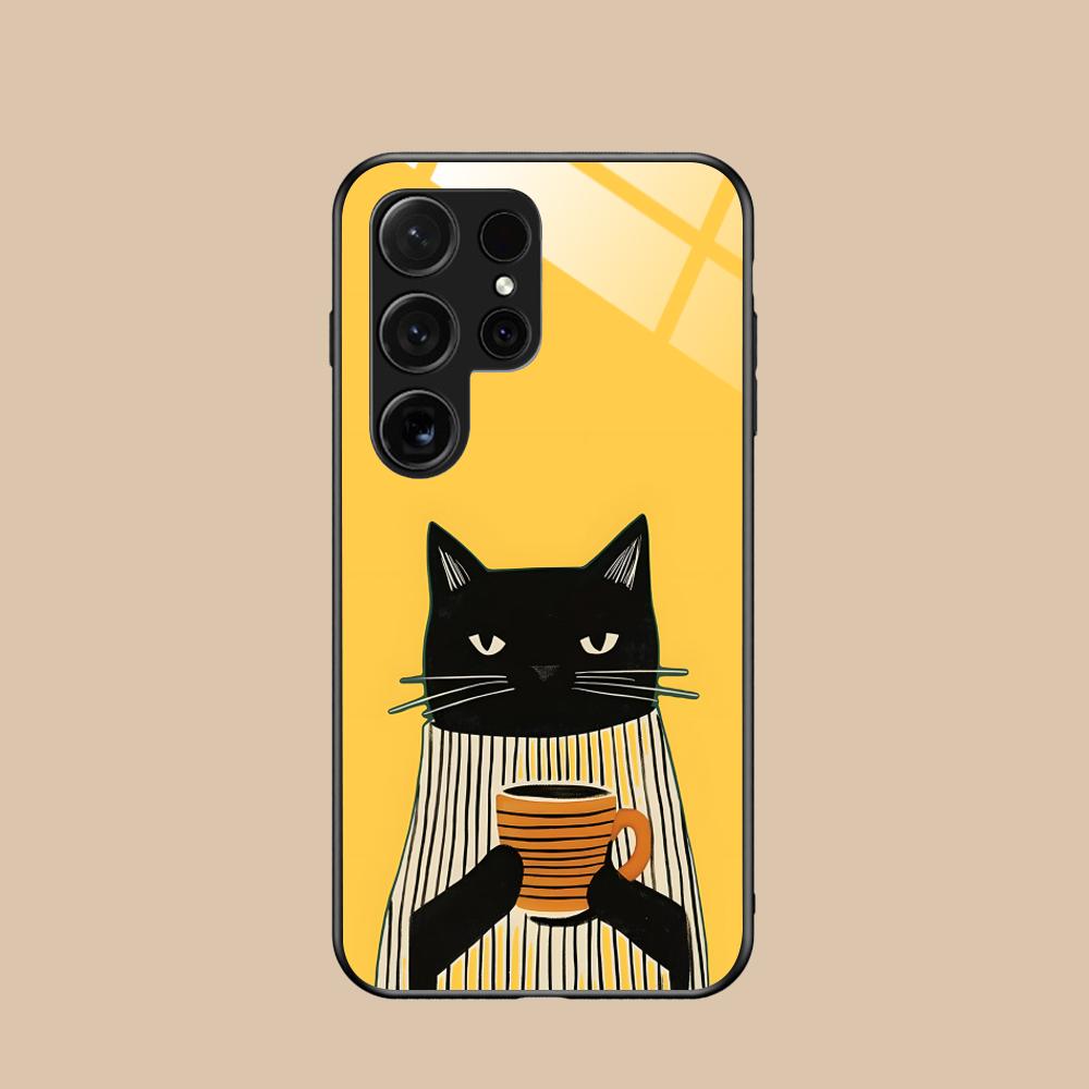 Cute Coffee Cat Glass Mobile Phone Case for Samsung Galaxy S26 S25 S24 S23 S22 S21 S20 Note20 Plus FE Ultra Colorful Cover