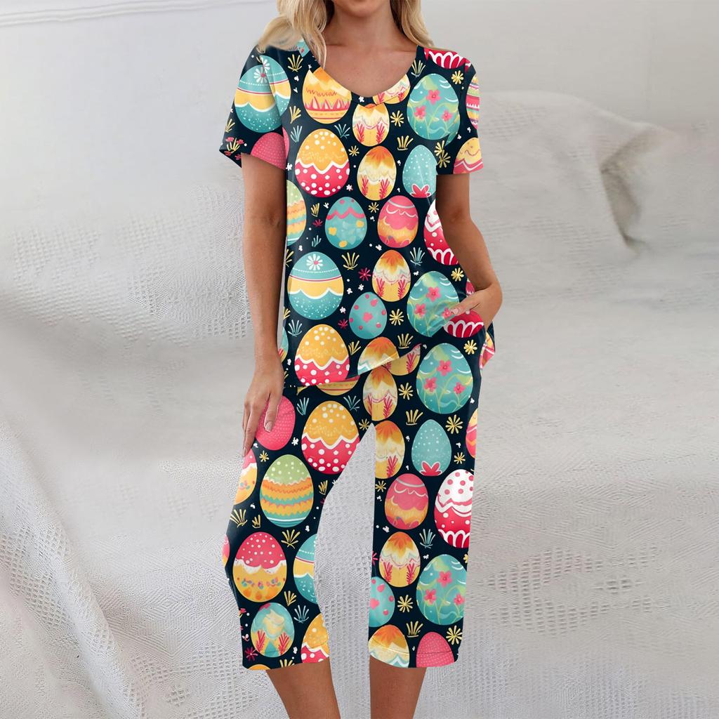 2 Piece Sets For Women Short Sleeve Top And Pants With Pockets Workout Soft  Print Sets