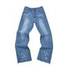 Trendy Wijde Jeans, Gewassen, Slijtageplekken, Patchwork, Unisex Stijl