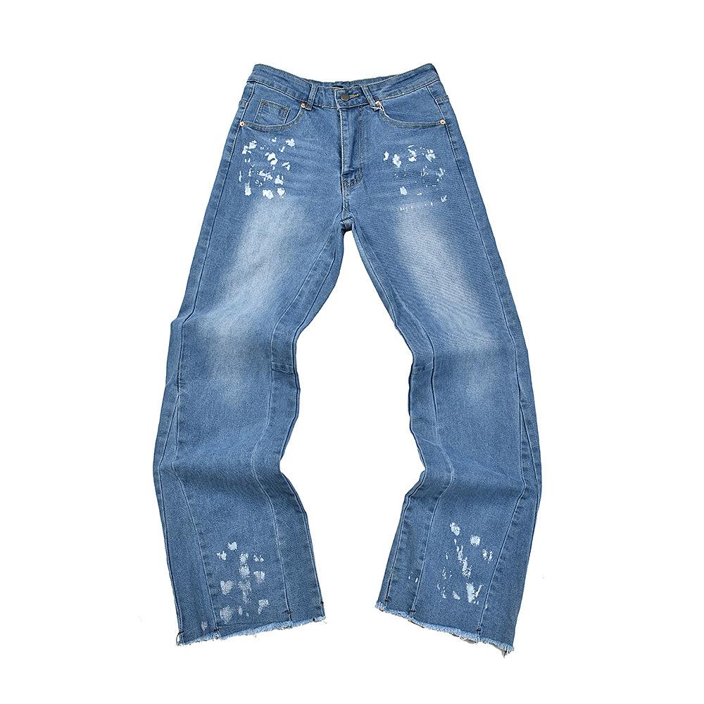 Trendy Wijde Jeans, Gewassen, Slijtageplekken, Patchwork, Unisex Stijl