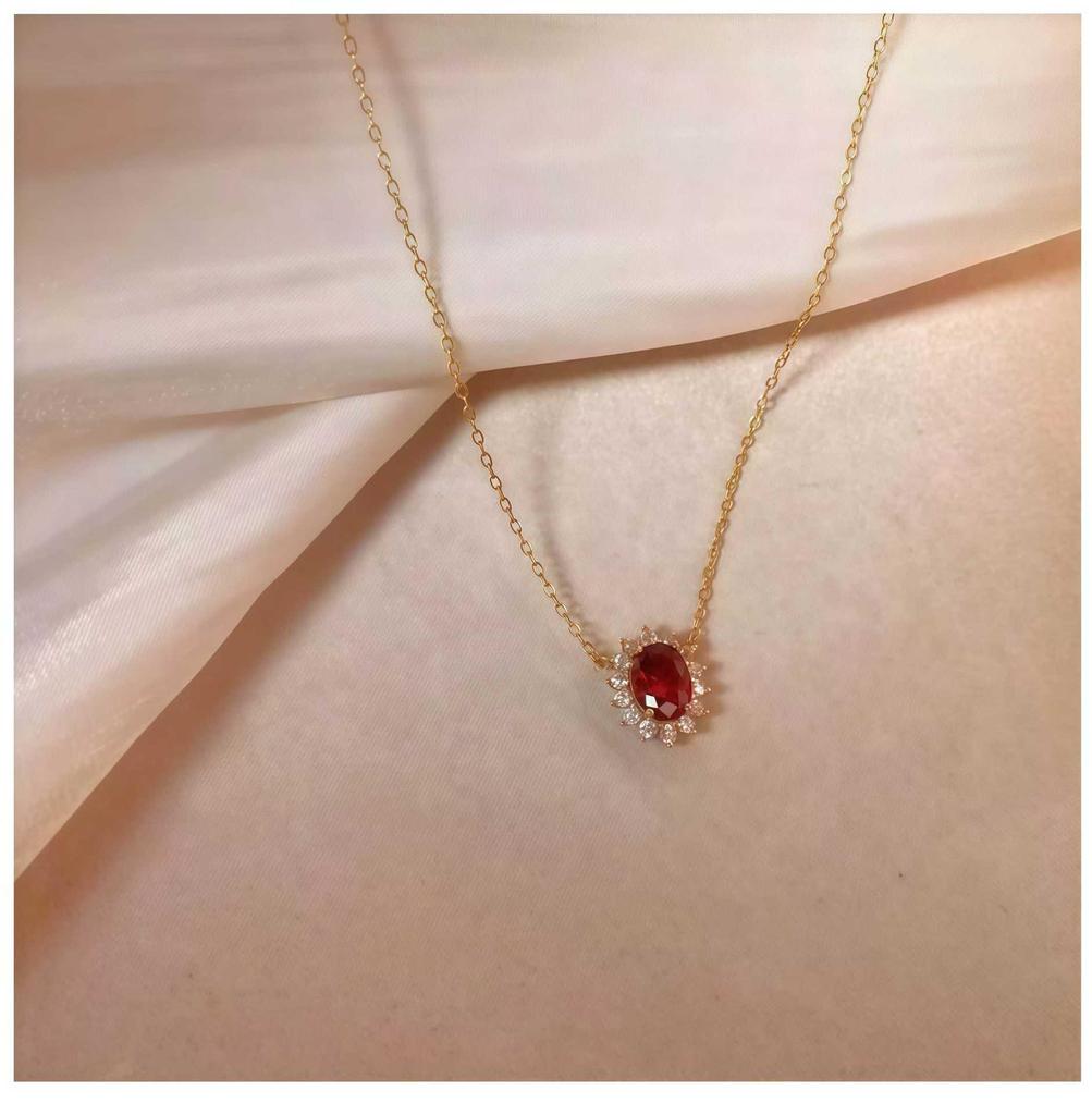 18K Gold Plated Sterling Silver Garnet Red Ruby Necklace for Women - Retro Fashion Clavicle Chain