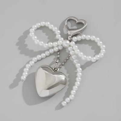 Salircon Trendy Chubby Love Heart Pendant Keychain Women Korean Imitation Pearl Ribbon Bow Key Ring Female Bagbag Jewelry
