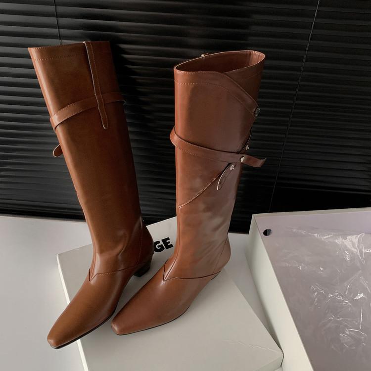 

2025 autumn and winter new brown cowhide~ square head rivet sleeve low heel fashion boots long boots sleeve knight boots 39