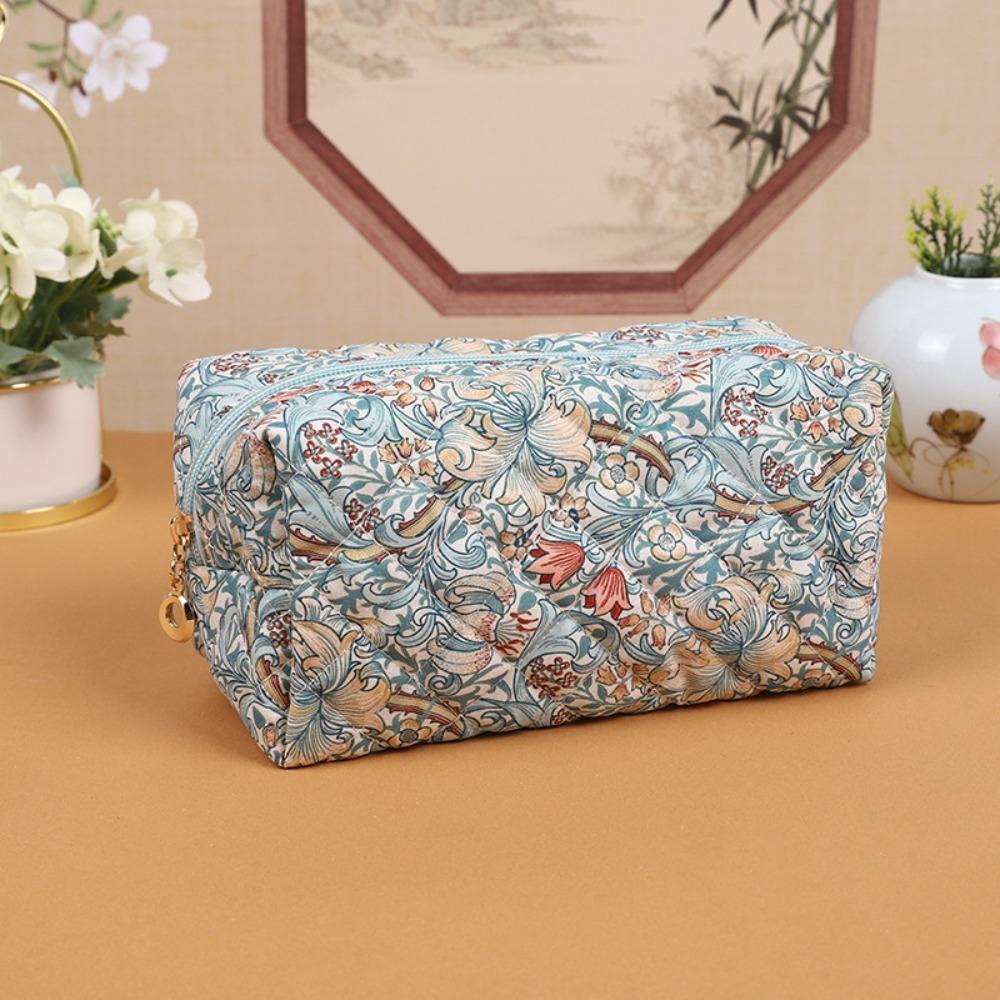 

Travel Floral Puffy Quilted Makeup Bag Flower Printed Floral Storage Organizer Women Girls