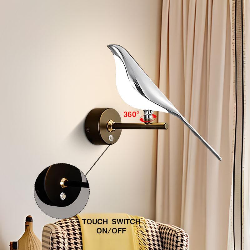 Elster Vogel Wandleuchte Touchschalter EIN/AUS Schlafzimmer Nachttisch Wohnzimmer Leuchte 360° Drehbar Foyer Wandleuchte AC85-265V