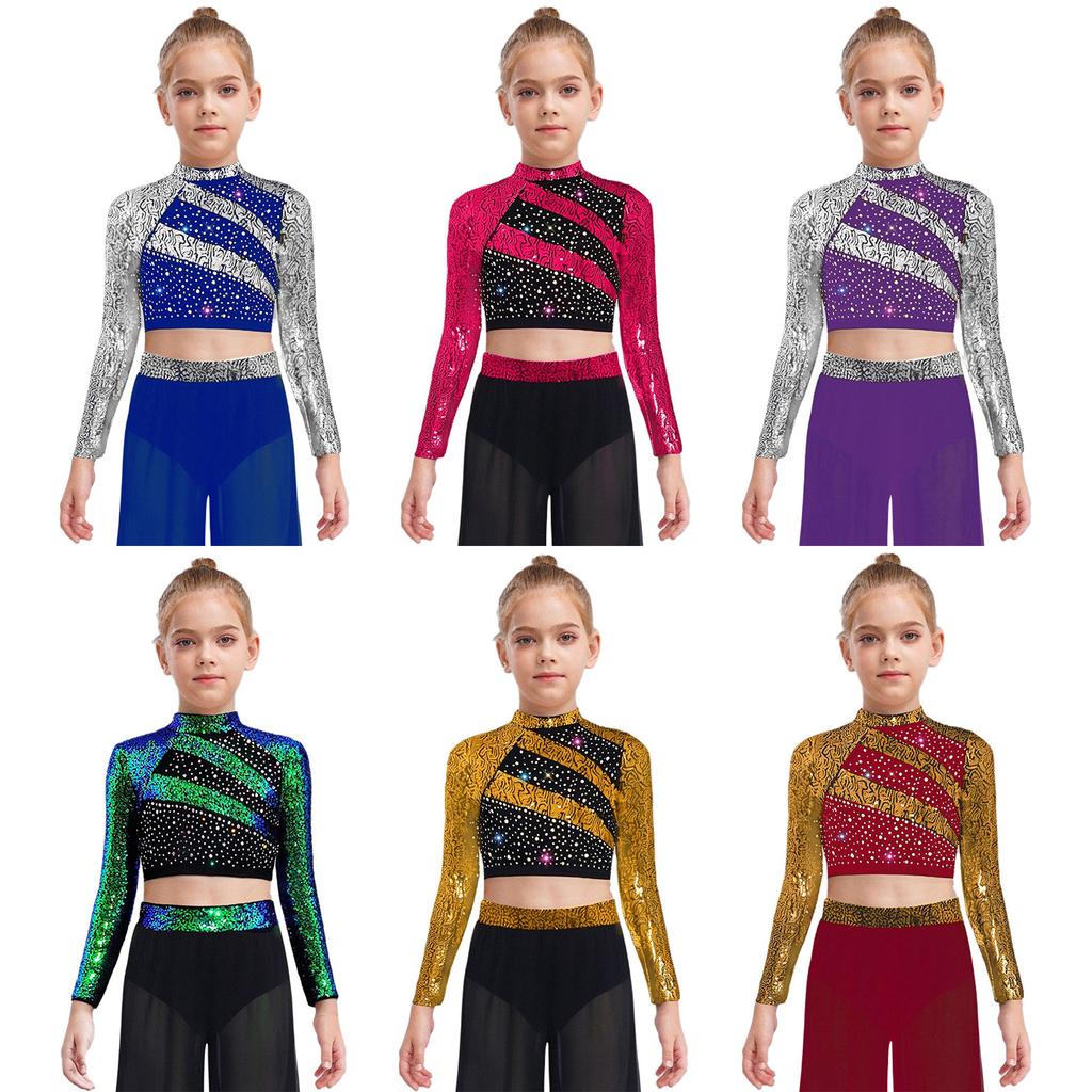 Mädchen Rollkragen Langarm Pailletten Strass Crop Top Cutout Rücken Druckknopf Tanz Top