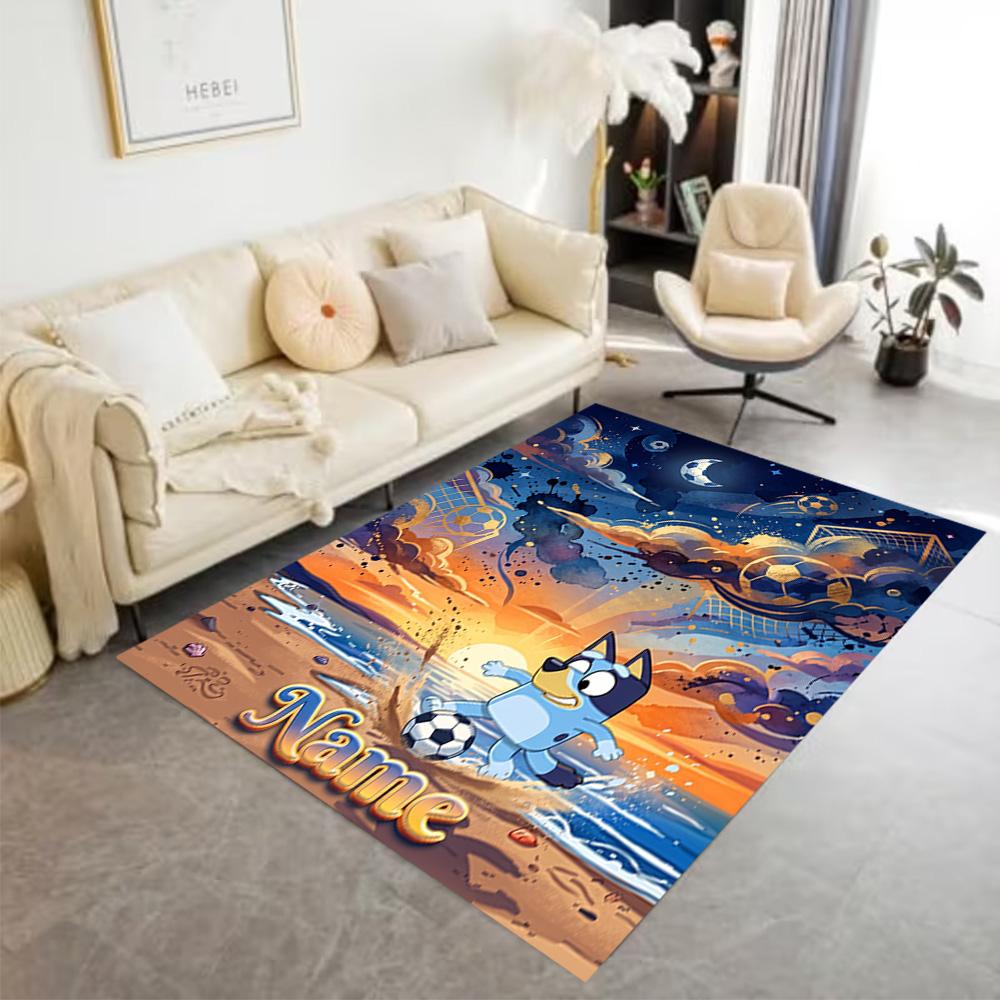 Bluey Soccer Adventure Personalized Text Floor Mat Perfect for Entryway Outdoor Playrooms Dining Room Antislip Carpet Decorate Offices