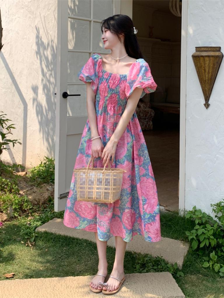 Large size women's clothing slim dress women's summer bubble sleeves pear shape slightly fat body wear long dress fat mm skirt