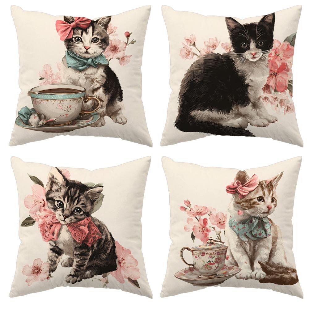 

4 Piece Pillow Covers Set Spring Theme Decoration Featuring Cute Cats And Floral Patterns Suitable For Sofa Bed And Living Room 35x35cm 4pcs