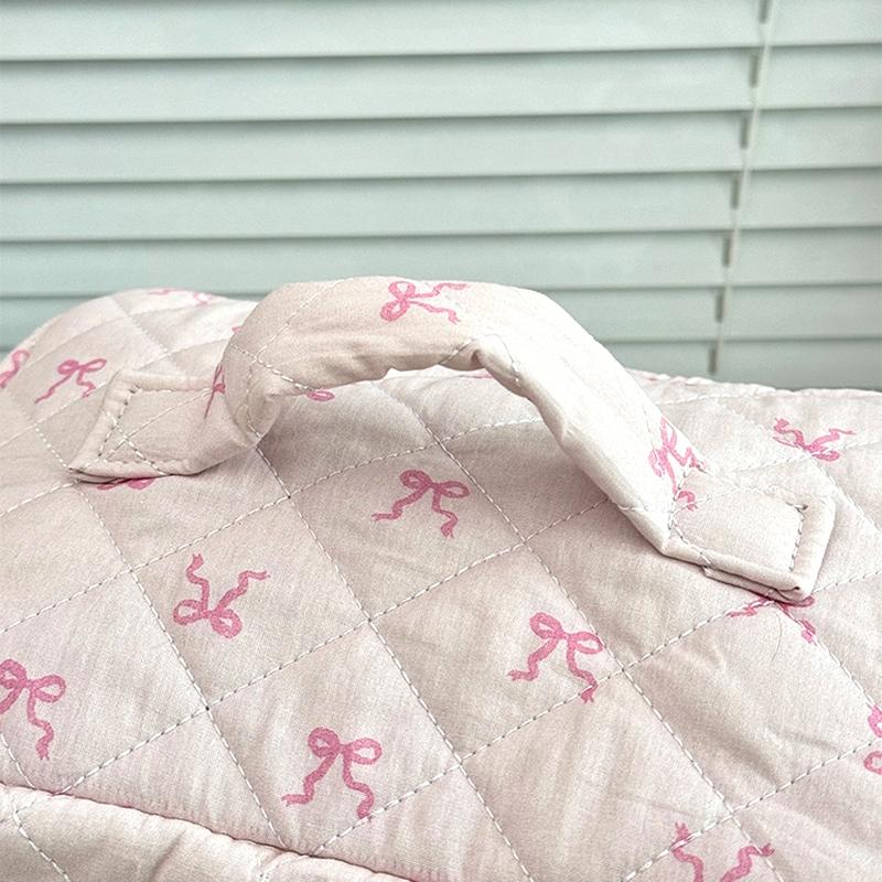 Pink Bow Cosmetic Bag Women Quilting Cosmetic Pouch Large Capacity Makeup Bag Portable Zipper Toiletry Organizer Handbag