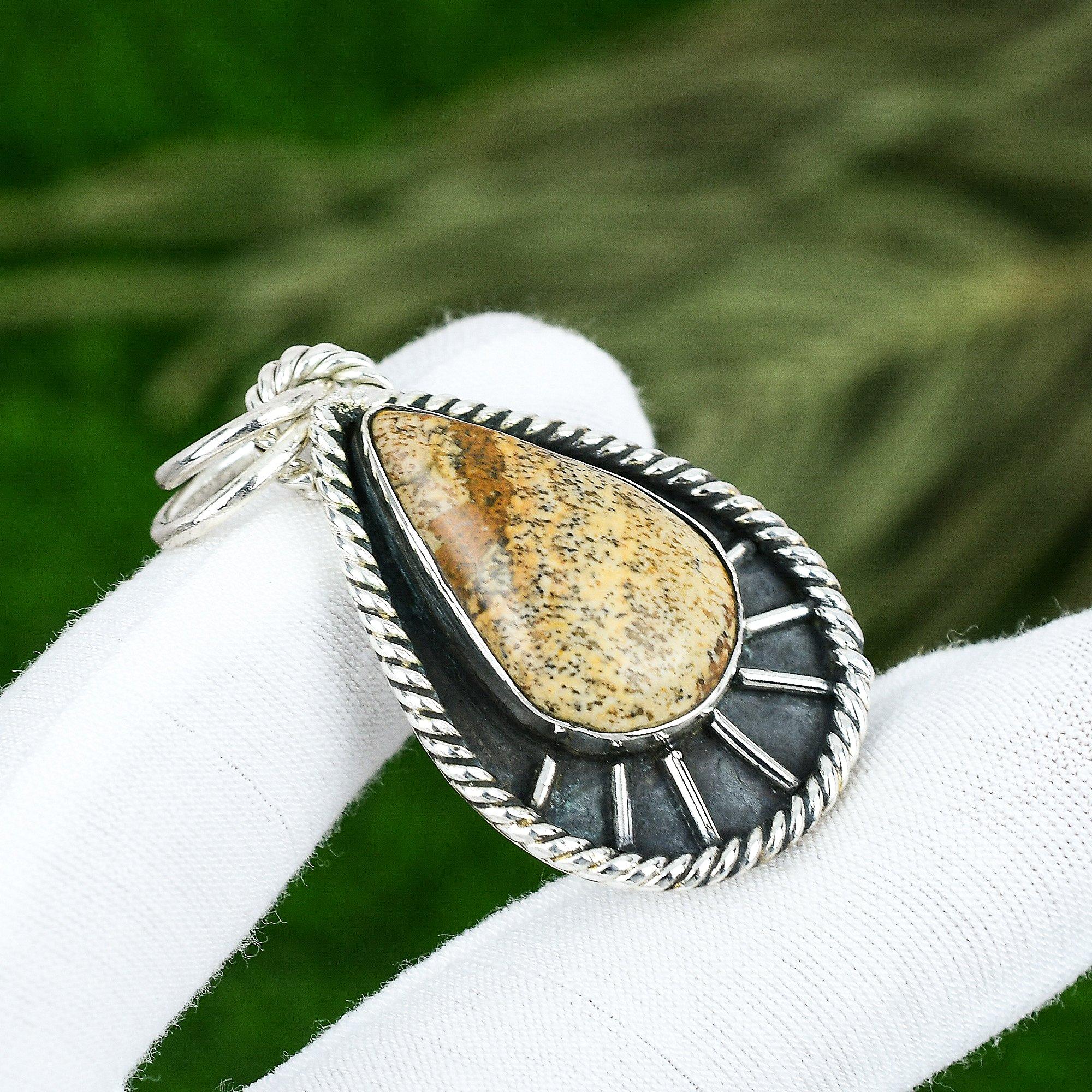 

Friendship Day Sale 925 Silver Pear Natural Picture Jasper Bezel Wife Pendant