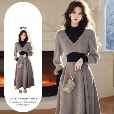 Γυναικείο Γκρι Πλεκτό Φόρεμα Ζιβάγκο - Κομψή Χειμερινή Μακριά Φούστα 2024