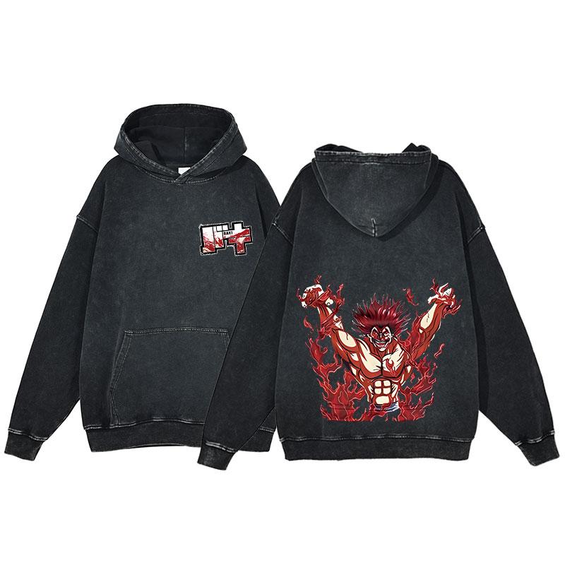 Hot Anime Baki Hanma Graphic Print Men Women Vintage Hoodies Washed Cotton Streetwear Harajuku Unisex Casual Loose Sweatshirt