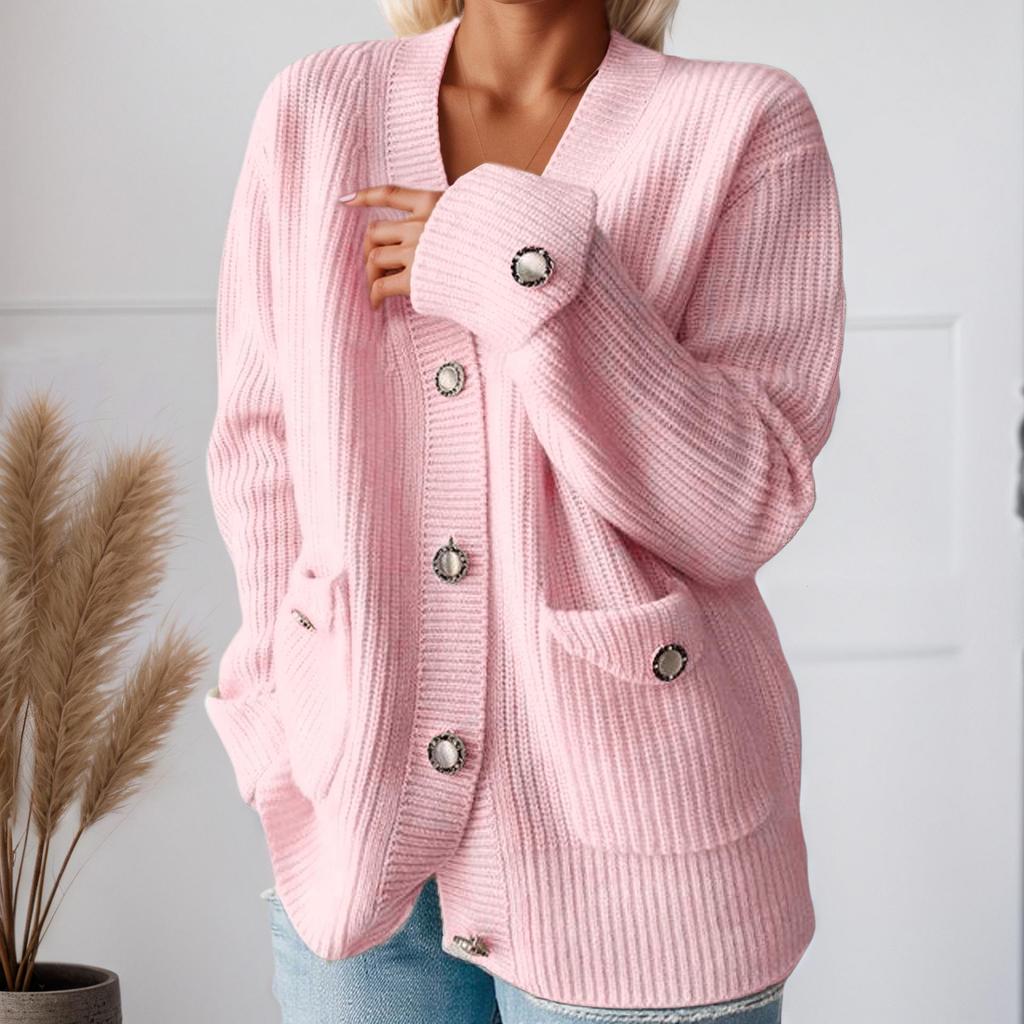 2025 Autumn/Winter Women's Long Sleeve V-neck Solid Color Knit Cardigan Sweater with Pockets