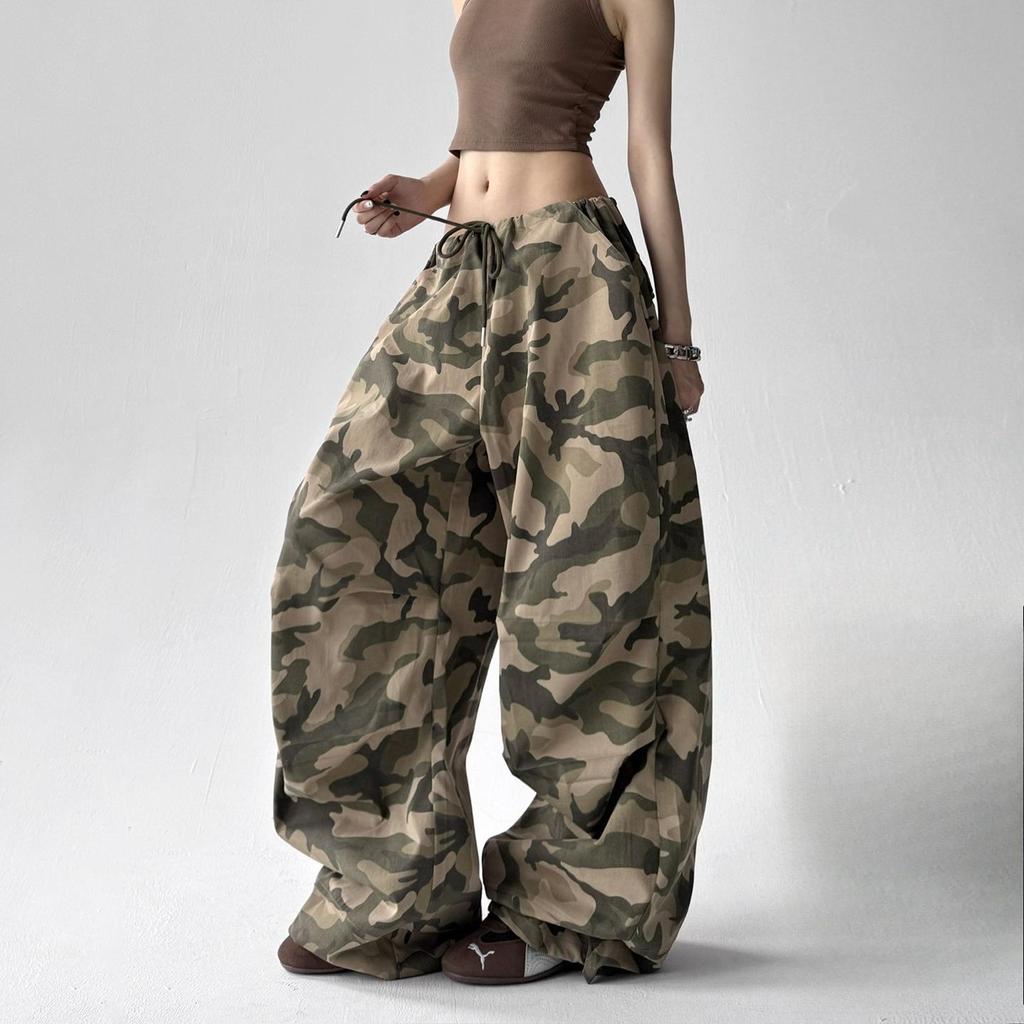 Amerikanska Retro Kamouflage Vida Byxor Dam Lös Chic Klädsel Casual Overaller Elastisk Dragskoband Midja Casual Byxor, Streetwear Byxor