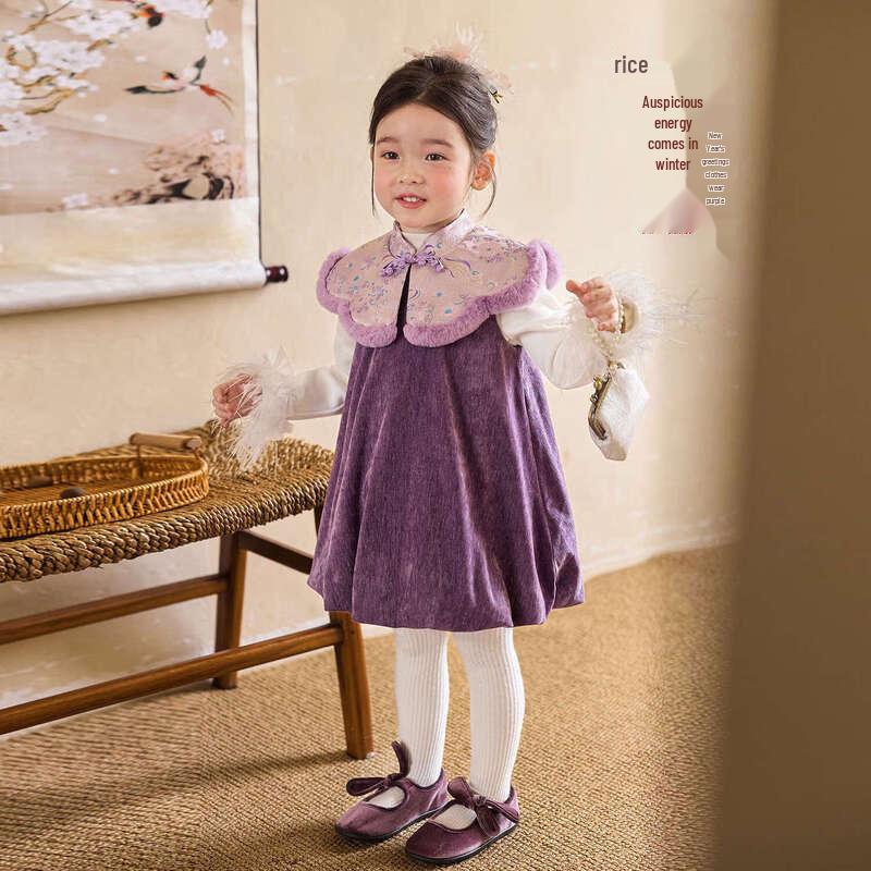 LUSON Girls  New Chinese Style Velvet Cloud Shoulder Dress 120