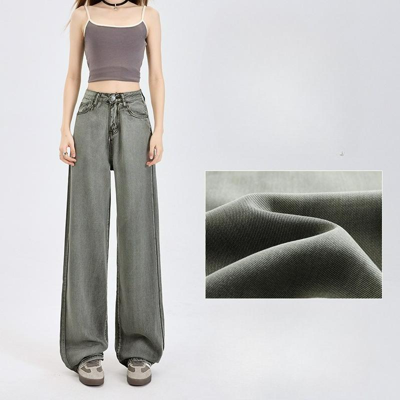 Летние Прохладные и Тонкие 100% Tencel Lyocell Джинсы Клеш Женские Тонкие Драпирующиеся Свободные Ледяной Шелк Прямые Брюки XXL зелёный