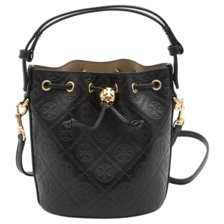 Tory Burch T Monogram Letter Pattern Leather Bucket Bag Mini Women Bags Black 158530-001