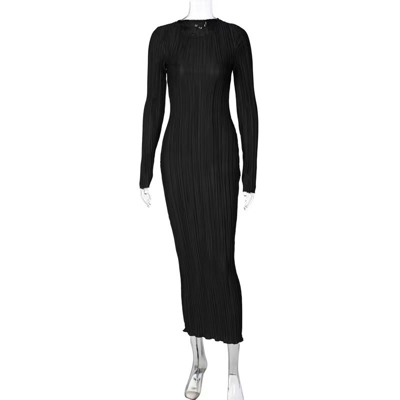

Fall Fashion New Arrival Pleated Silm High Waist Stretch Long Sleeve Dress Pleated Stretch Dress Black S