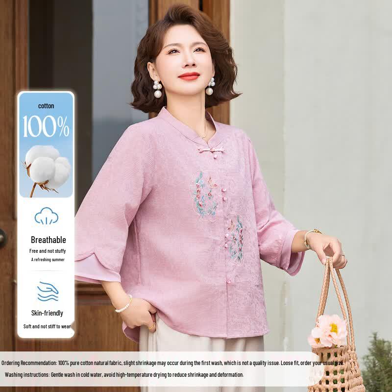 Pasite Women s New Chinese Style Embroidered Seven-Point Sleeve Blouse L