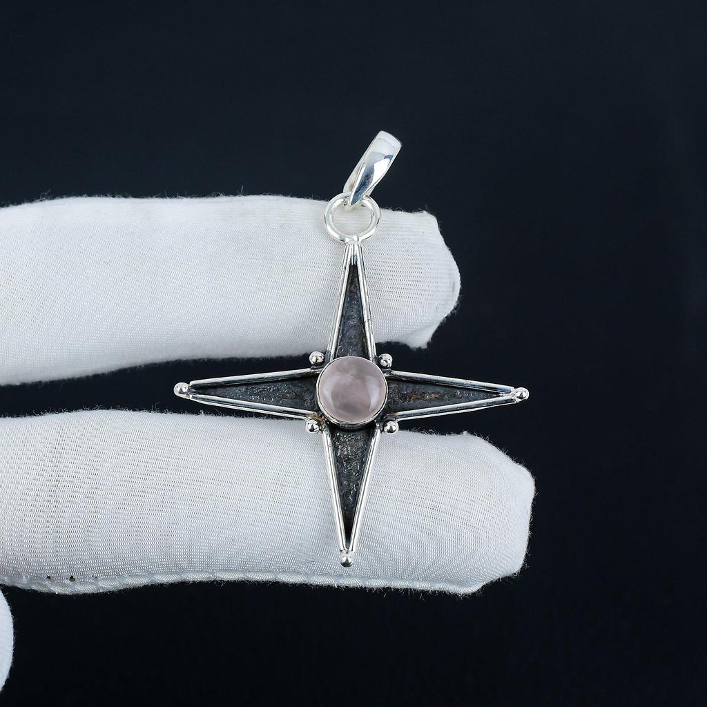 Natural Rose Quartz Gemstone Silver Pendant In 925 Sterling Silver - Handmade Star Design, Everyday Wear Jewelry, Unique Designs Pendant Gift