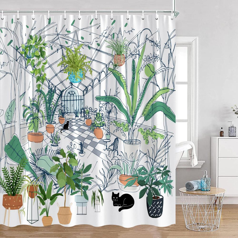 Grüne Topfpflanzen Duschvorhänge Cartoon Katzen Hängende Tropische Blätter Dekorationen Für Bad Polyestergewebe Badezimmervorhang