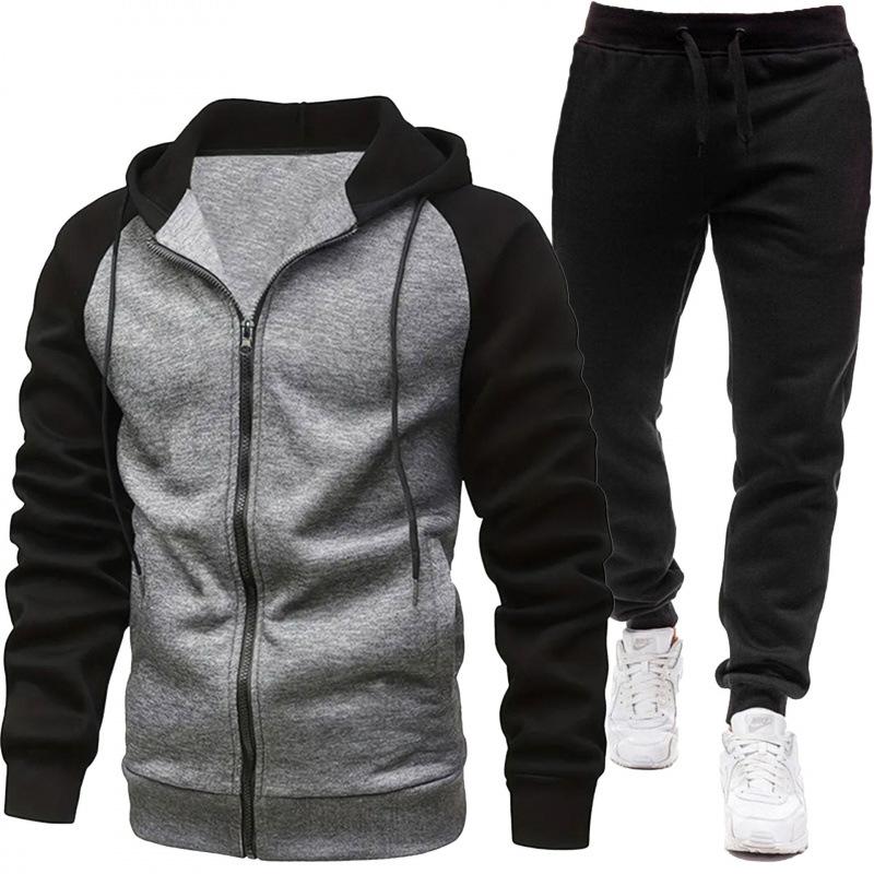 Men Clothes Jacket + Black Sports Pants For Autumn And Winter, Color-Blocked, Fashion Long Sleeve Casual Sweatshirt Set