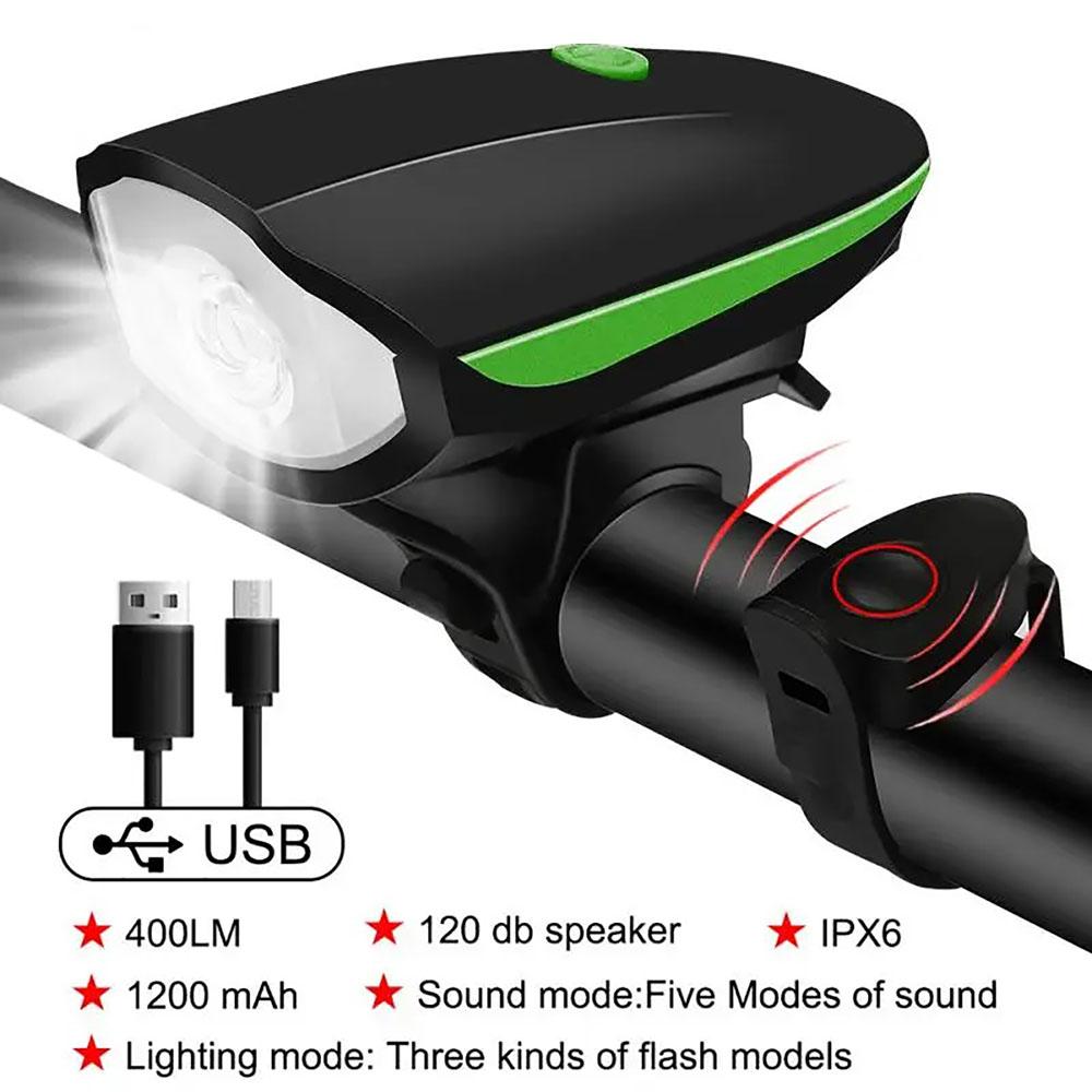 Wiederaufladbares USB-Fahrradscheinwerfer mit Hupe Wasserdichtes LED-Frontlicht für Mountainbike-Straßenfahrrad Nachtfahrradsicherheit