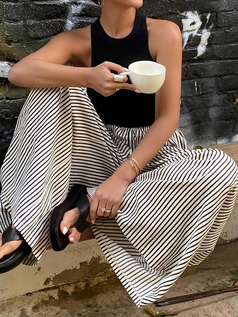 Women Black and White Vertical Stripe High Waist Wide Leg Pants