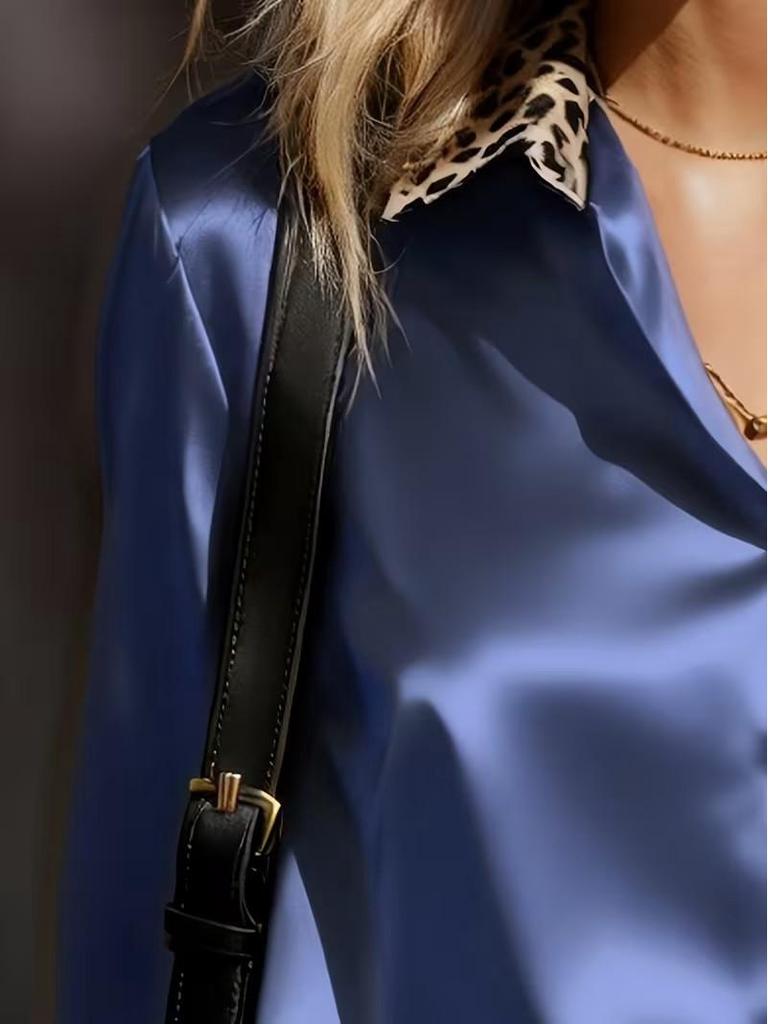 Women's Leopard Print Patchwork Satin Blouse - Slimming Long Sleeve Round Neck for Spring/Autumn
