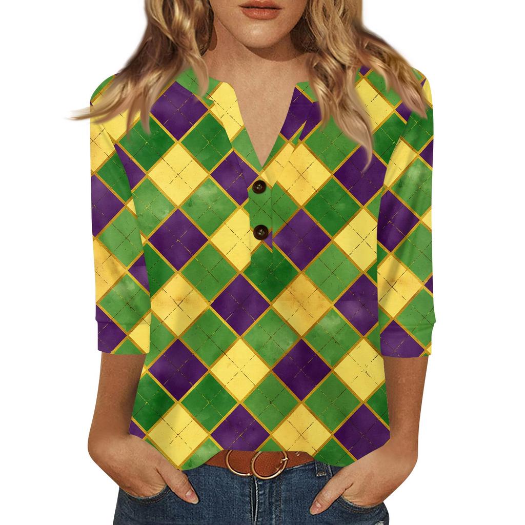 Women's Carnival Printed Fashionable Casual V-neck Button Seven Inch Sleeve T-shirt Top